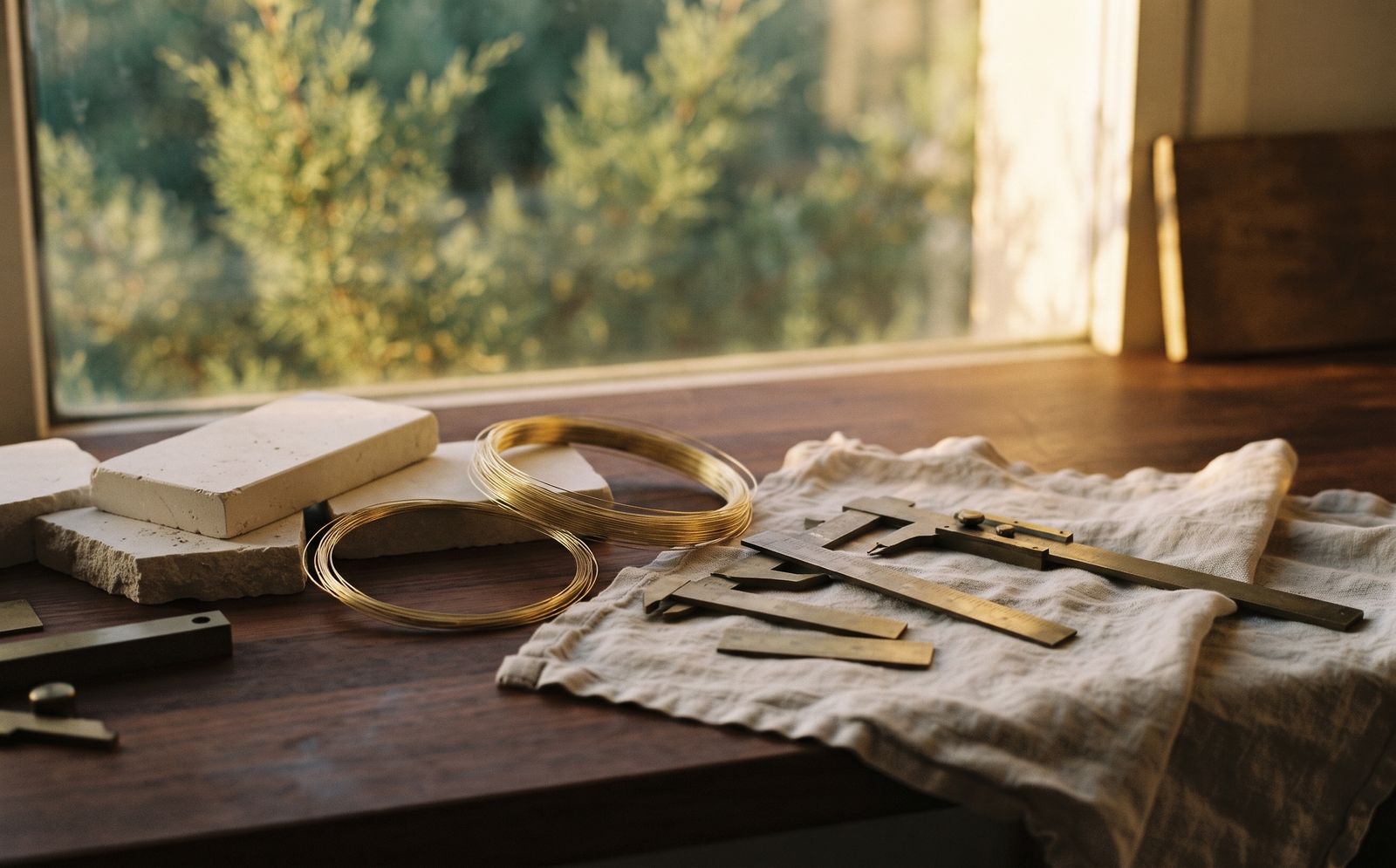 Workbench still life in warm afternoon light: pale limestone offcuts, coils of fine gold wire, and brass calipers laid out on linen, with evergreen foliage soft through the window behind
