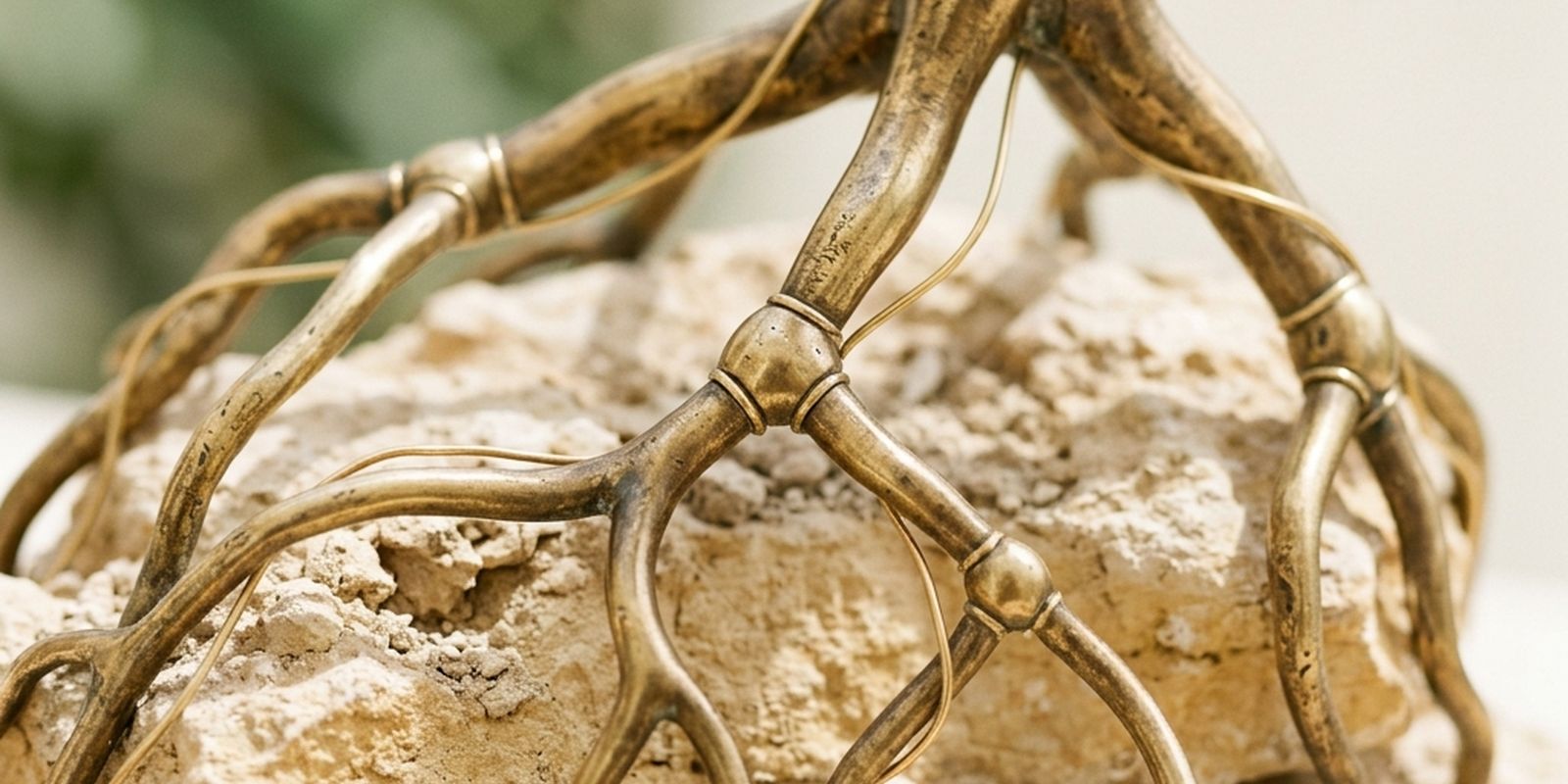 Sculpted brass roots gripping pale limestone in daylight, the branches jointed and wired like a built structure