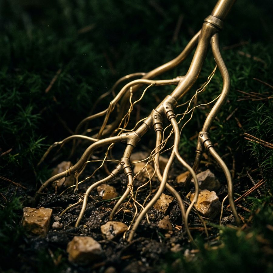 Still life at dusk: brass roots threaded with fine gold wire reaching into dark mossy ground