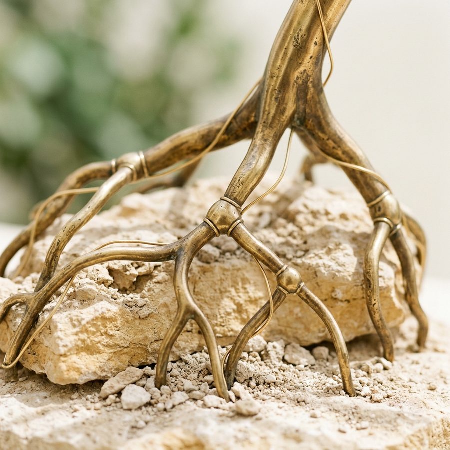 Still life in daylight: sculpted brass roots gripping pale limestone, with fine gold wires threading between the branches